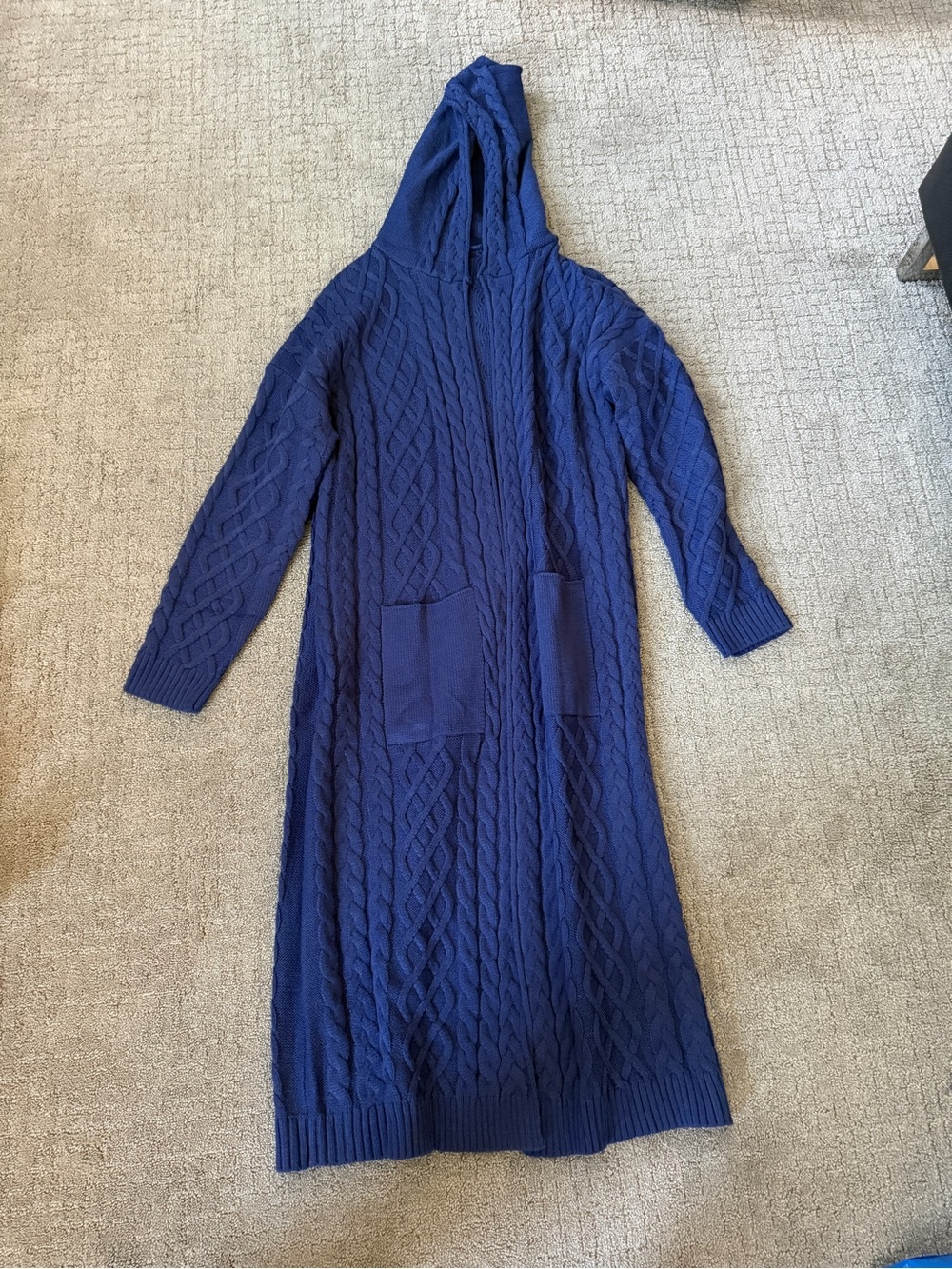 Hooded Cable Knit Long Sweater - Blue